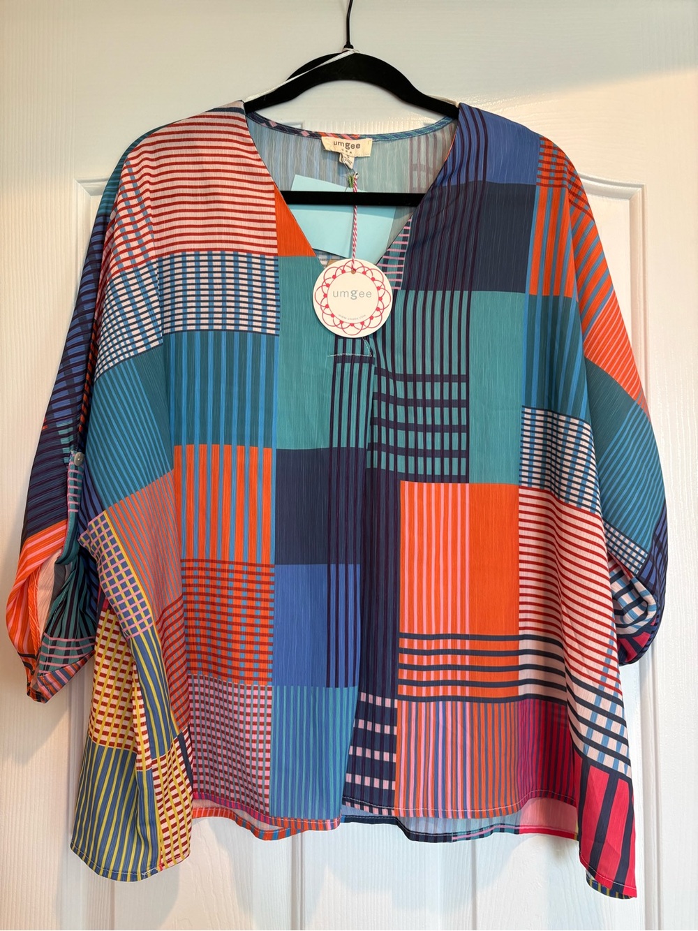 Umgee Teal Blue Orange Patchwork V-Neck Tunic